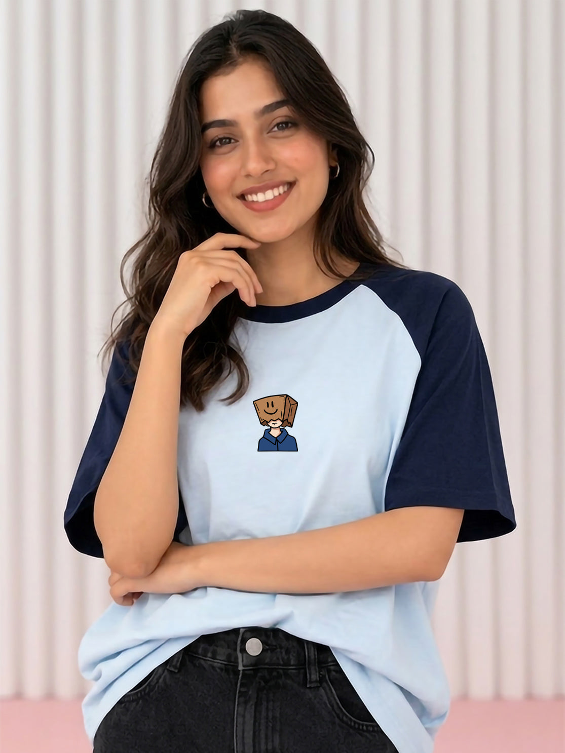 TOM MILTON Women Blue Color Raglan Half Sleeve Round Neck Oversized Tshirt
