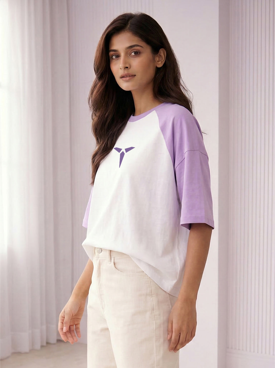 TOM MILTON Women White Color Raglan Half Sleeve Round Neck Oversized Tshirt