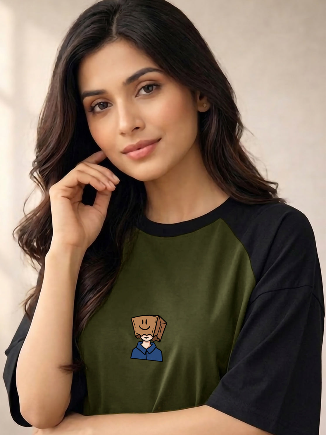 TOM MILTON Women Olive Green Color Raglan Half Sleeve Round Neck Oversized Tshirt