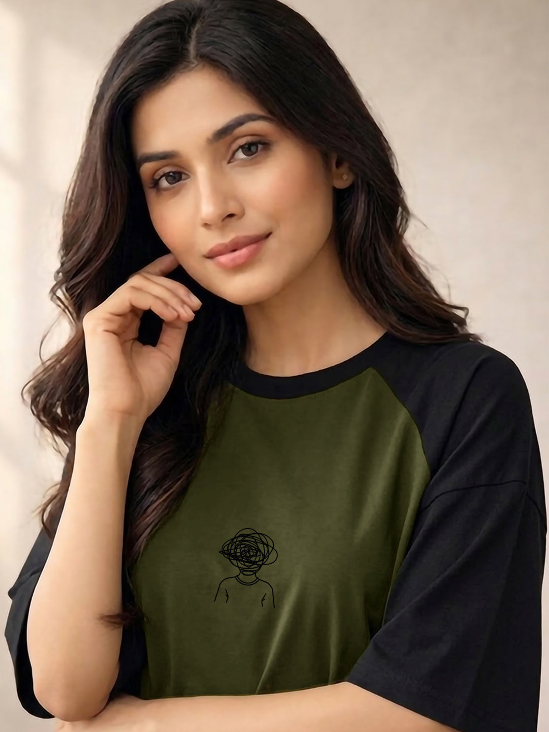 TOM MILTON Women Olive Green Color Raglan Half Sleeve Round Neck Oversized Tshirt