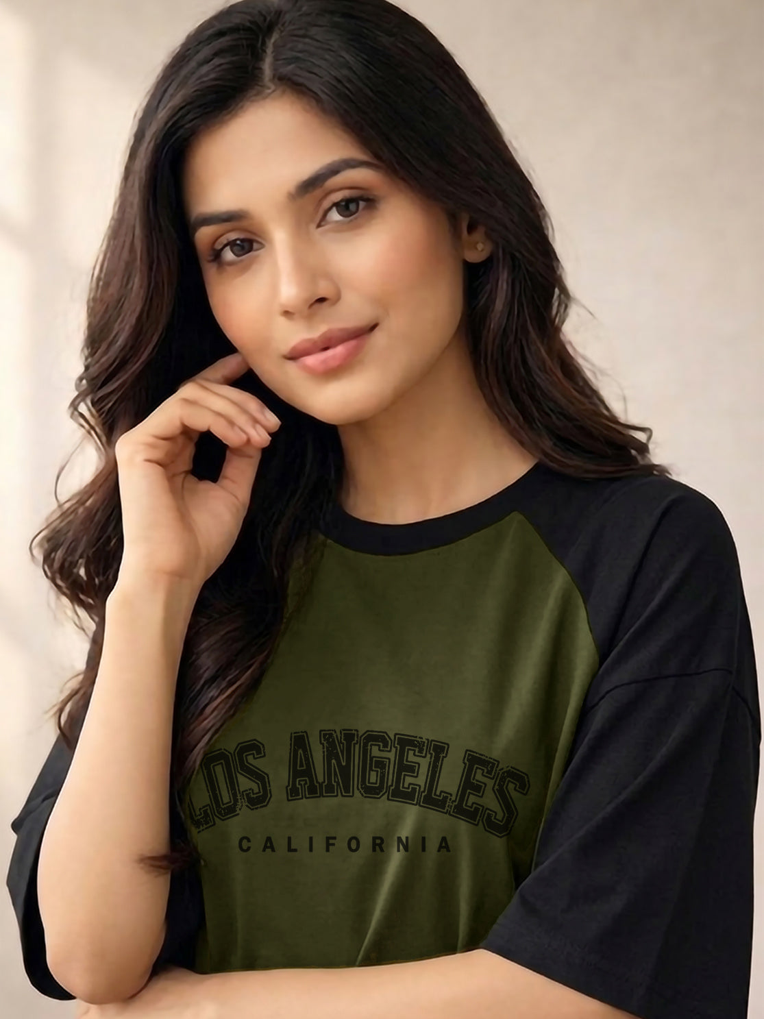 TOM MILTON Women Olive Green Color Raglan Half Sleeve Round Neck Oversized Tshirt