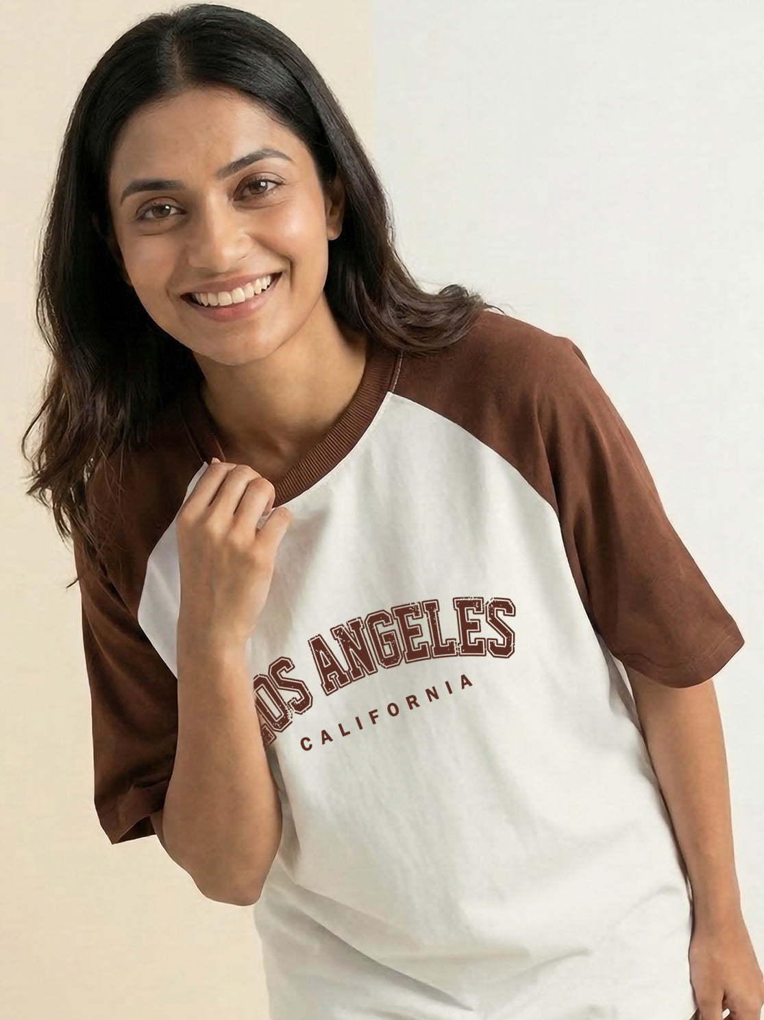 TOM MILTON Women Half White Color Raglan Half Sleeve Round Neck Oversized Tshirt