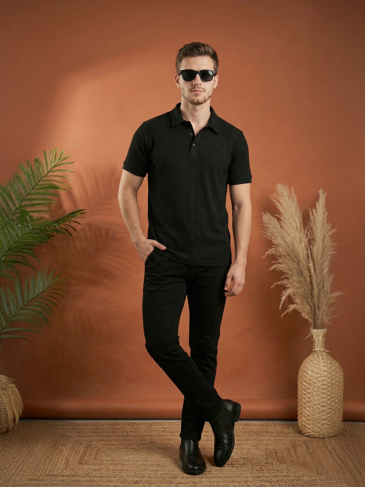 TOM MILTON Men Black Color Half Sleeve Snap Button Polo Tshirt