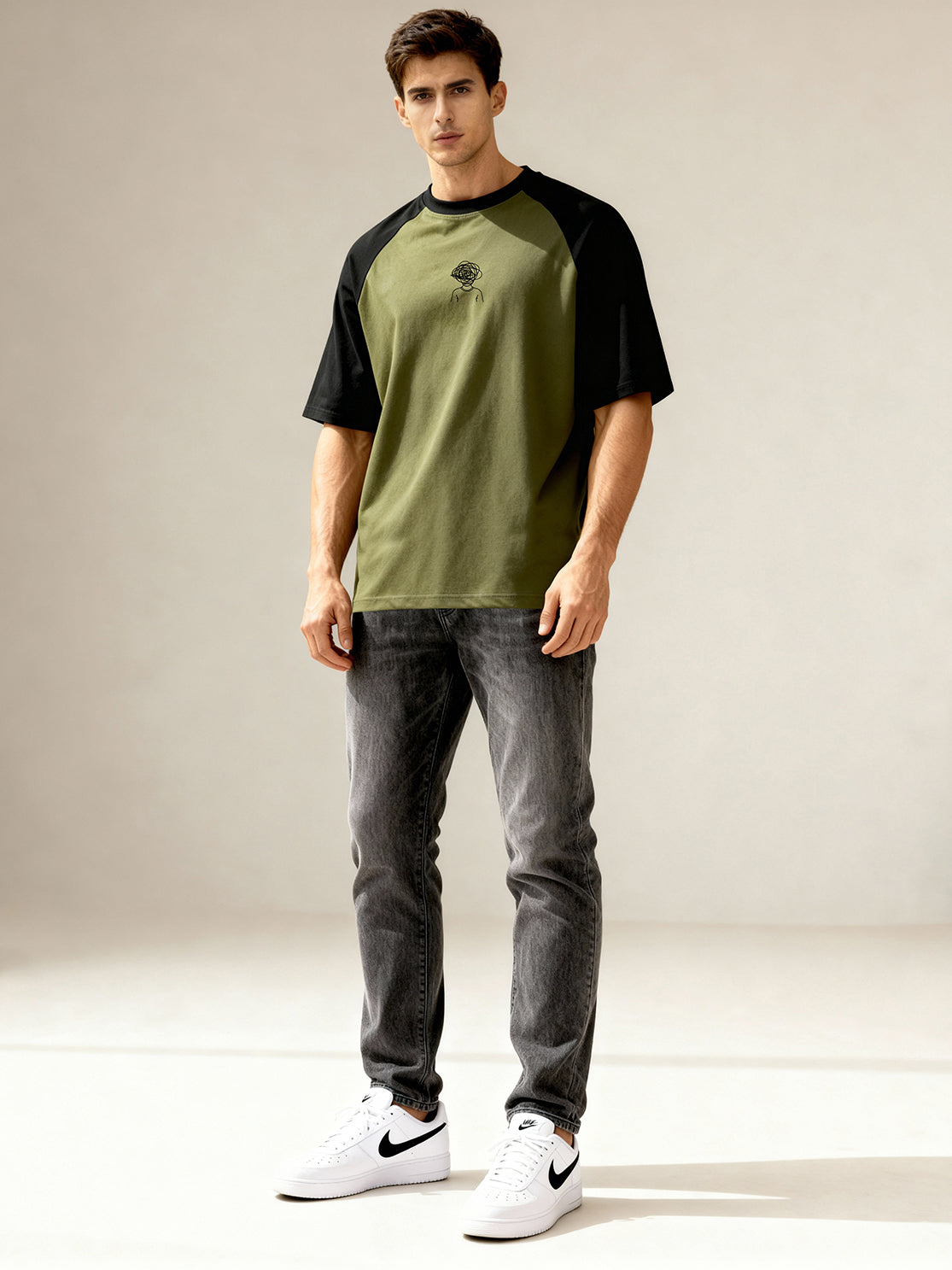 TOM MILTON Men's Green Raglan Sleeve Round Neck T-Shirt for Men