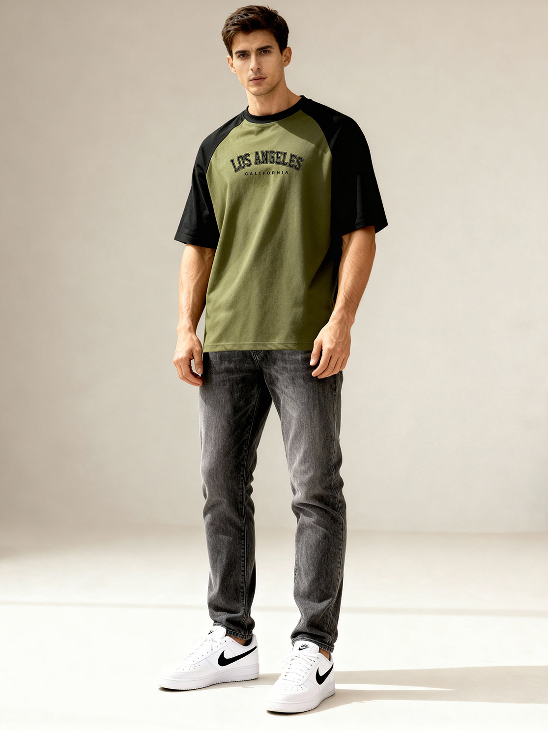 TOM MILTON Men's Green Raglan Sleeve Round Neck T-Shirt for Men
