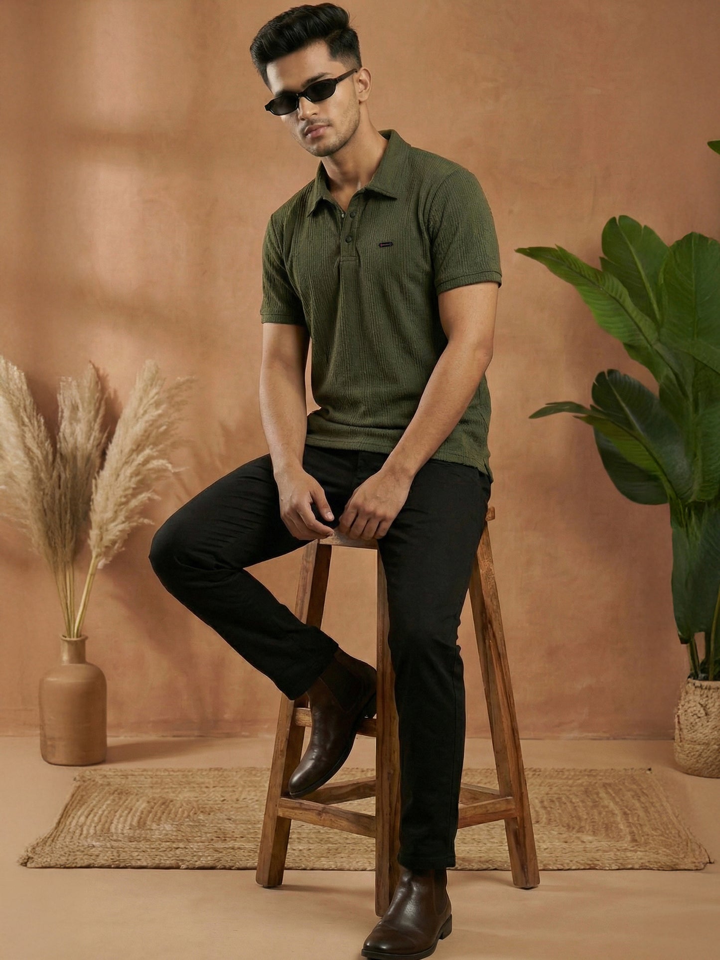 TOM MILTON Men Olive Green Color Half Sleeve Snap Button Polo Tshirt