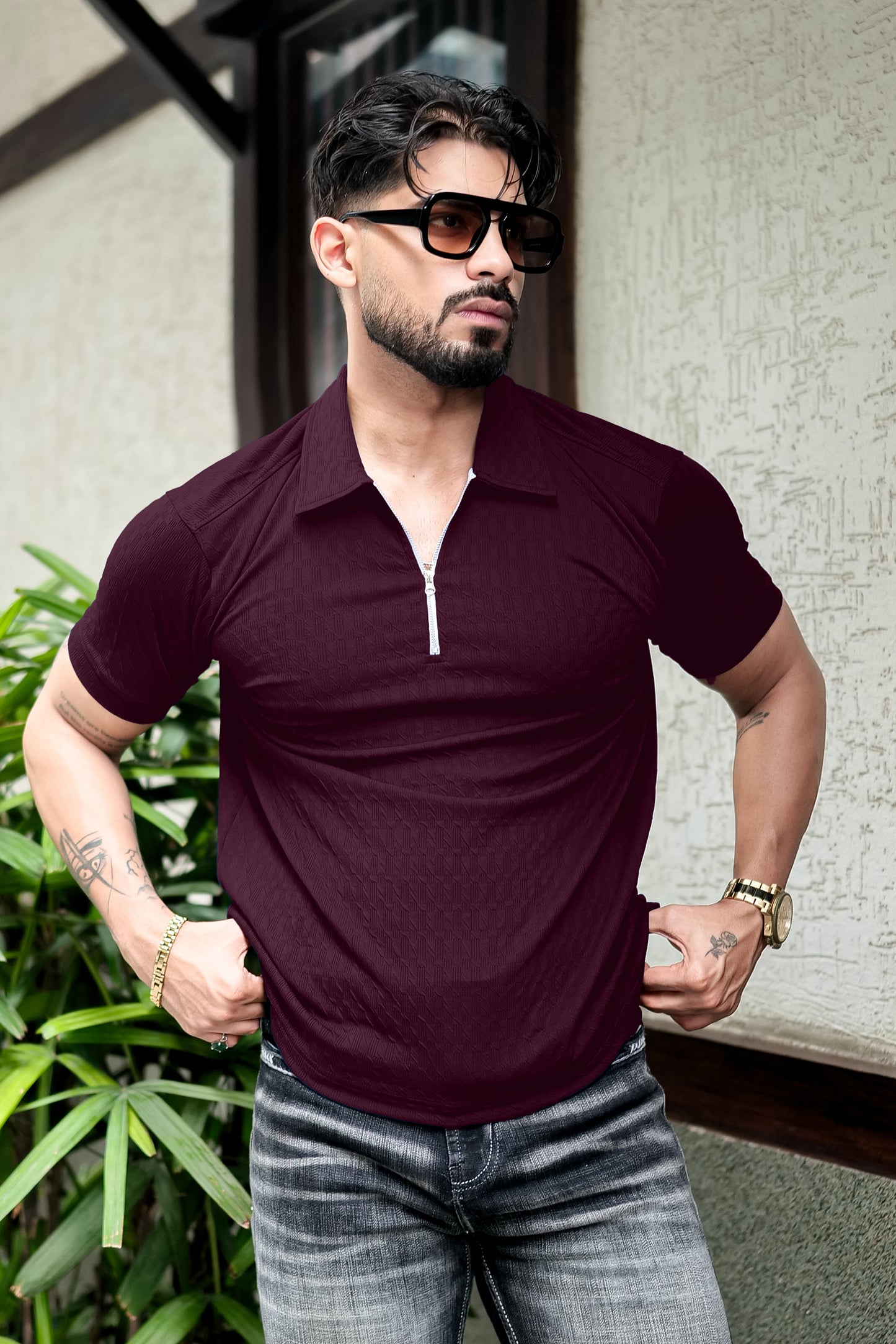 TOM MILTON Maroon Color textured Polo Collar Polyester T-shirt