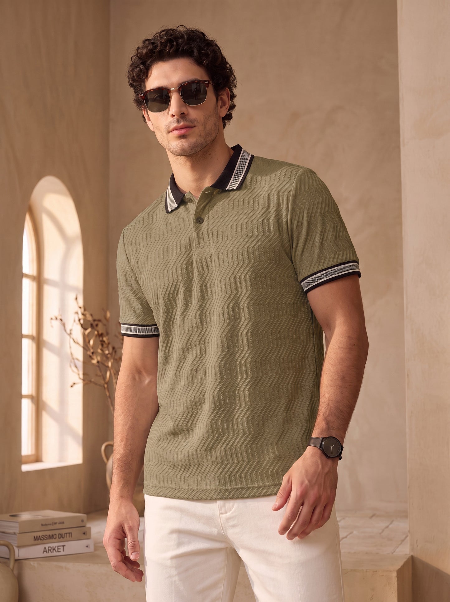 TOM MILTON Men's Textured Polyester Polo T-Shirt Regular Fit Polo Neck Tshirts for Men Dark Cream