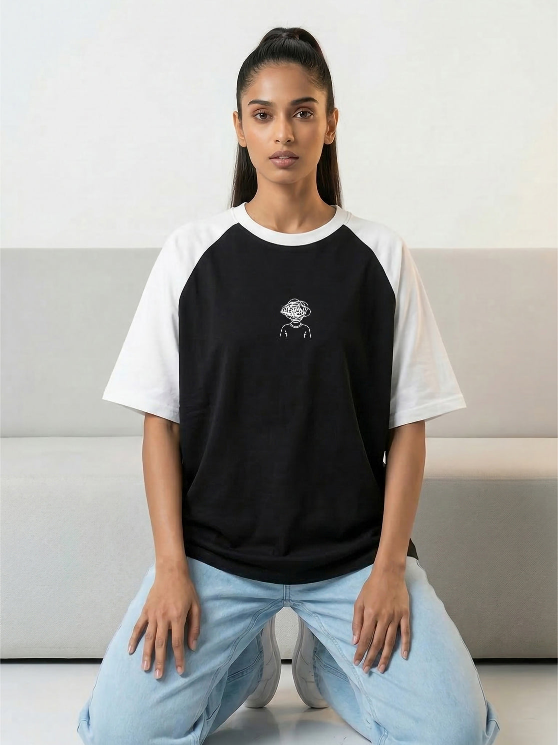 TOM MILTON Women Black Color Raglan Half Sleeve Round Neck Oversized Tshirt