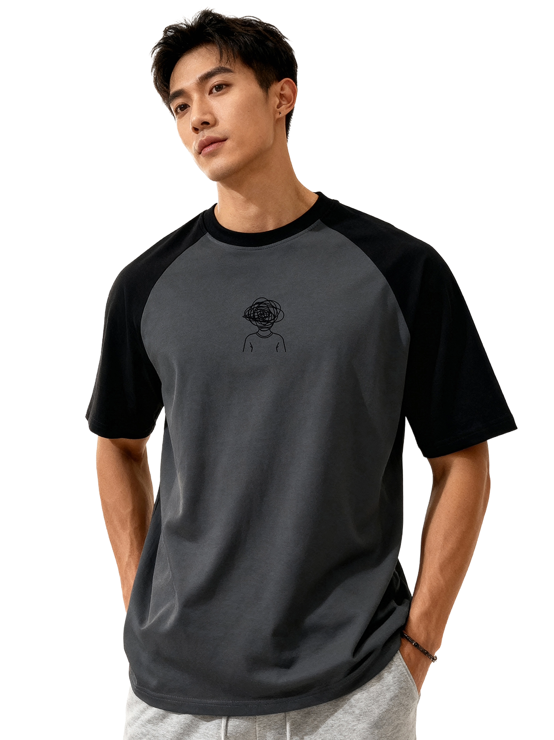 TOM MILTON Men's Grey Raglan Sleeve Round Neck T-Shirt for Men