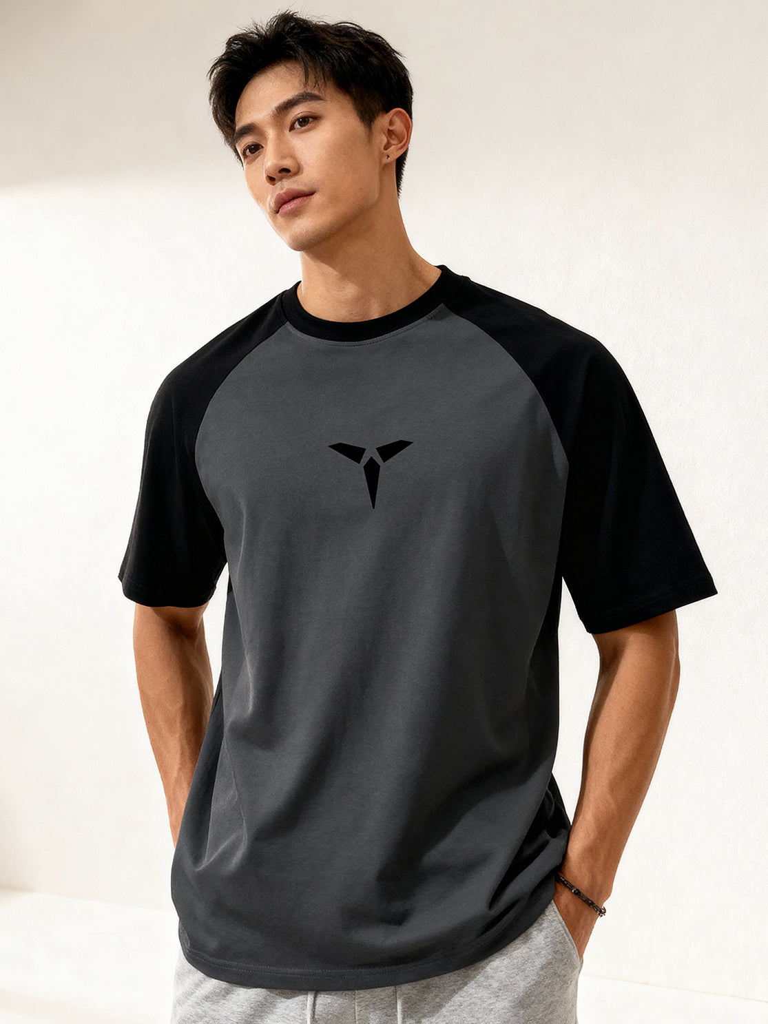 TOM MILTON Men's Grey Raglan Sleeve Round Neck T-Shirt for Men