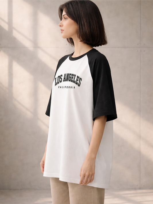 TOM MILTON Women White Color Raglan Half Sleeve Round Neck Oversized Tshirt
