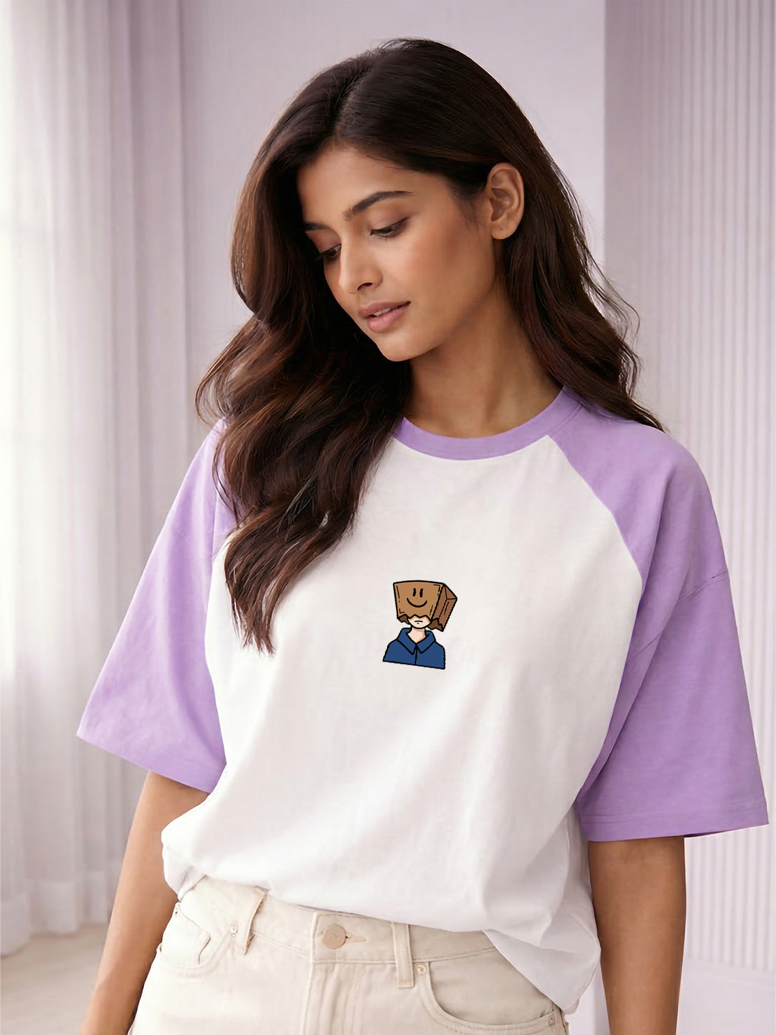 TOM MILTON Women White Color Raglan Half Sleeve Round Neck Oversized Tshirt