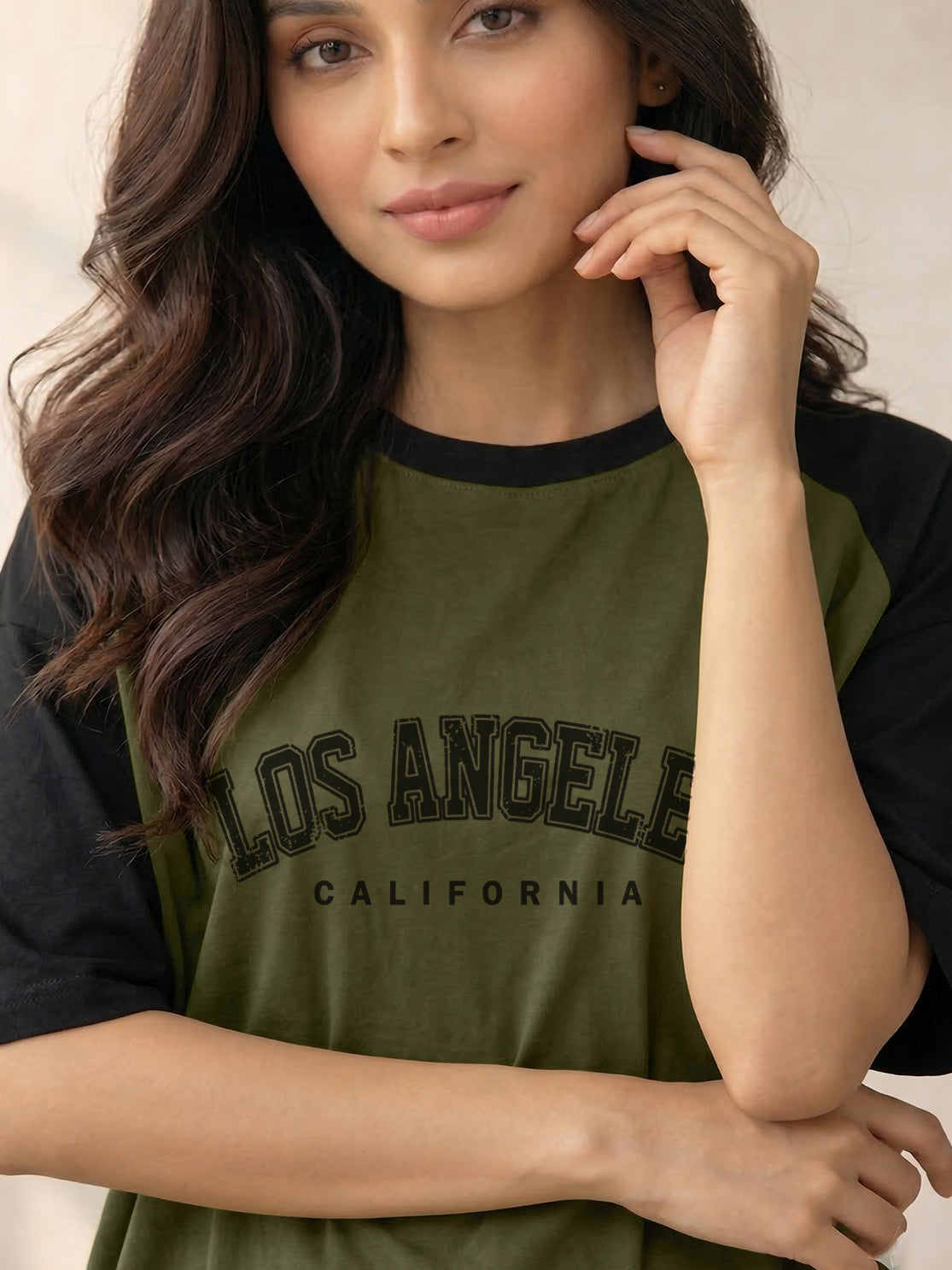 TOM MILTON Women Olive Green Color Raglan Half Sleeve Round Neck Oversized Tshirt