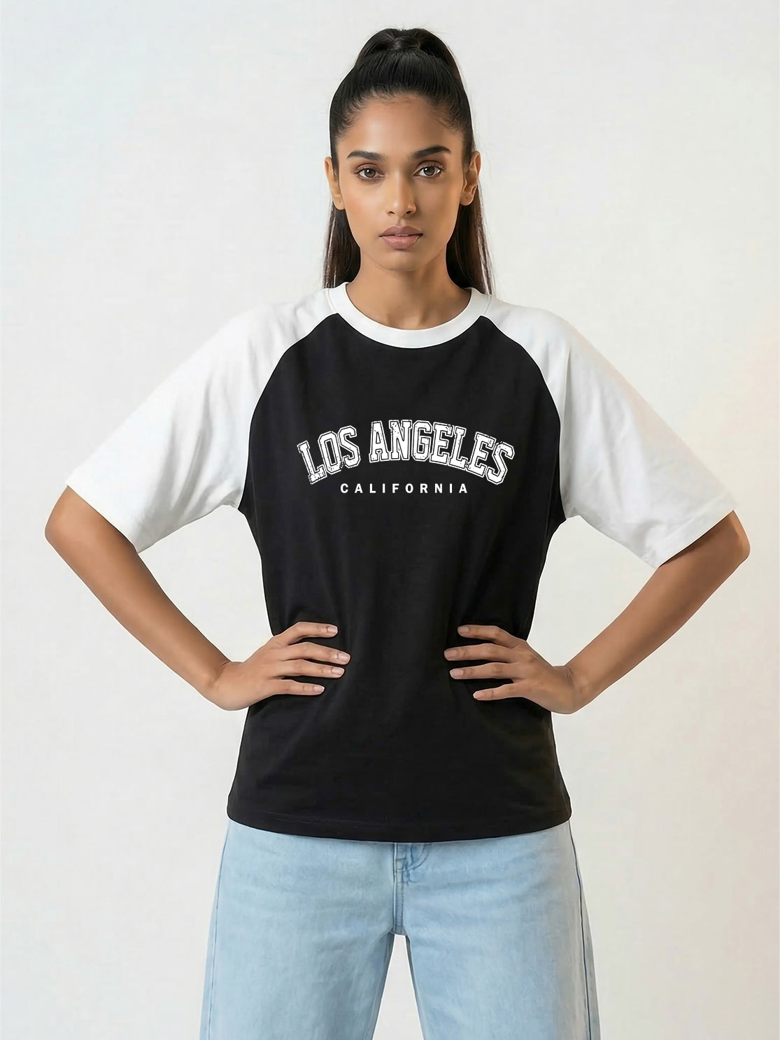 TOM MILTON Women Black Color Raglan Half Sleeve Round Neck Oversized Tshirt