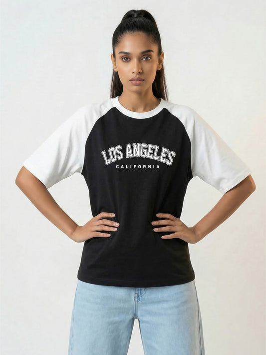 TOM MILTON Women Black Color Raglan Half Sleeve Round Neck Oversized Tshirt