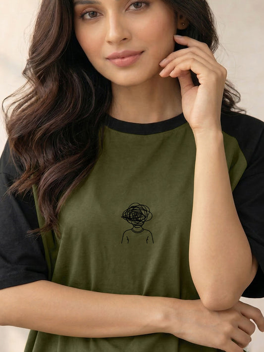 TOM MILTON Women Olive Green Color Raglan Half Sleeve Round Neck Oversized Tshirt