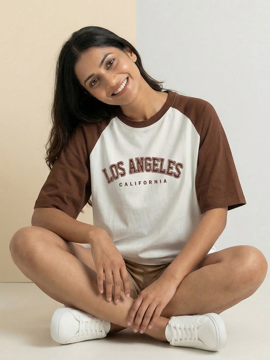 TOM MILTON Women Half White Color Raglan Half Sleeve Round Neck Oversized Tshirt