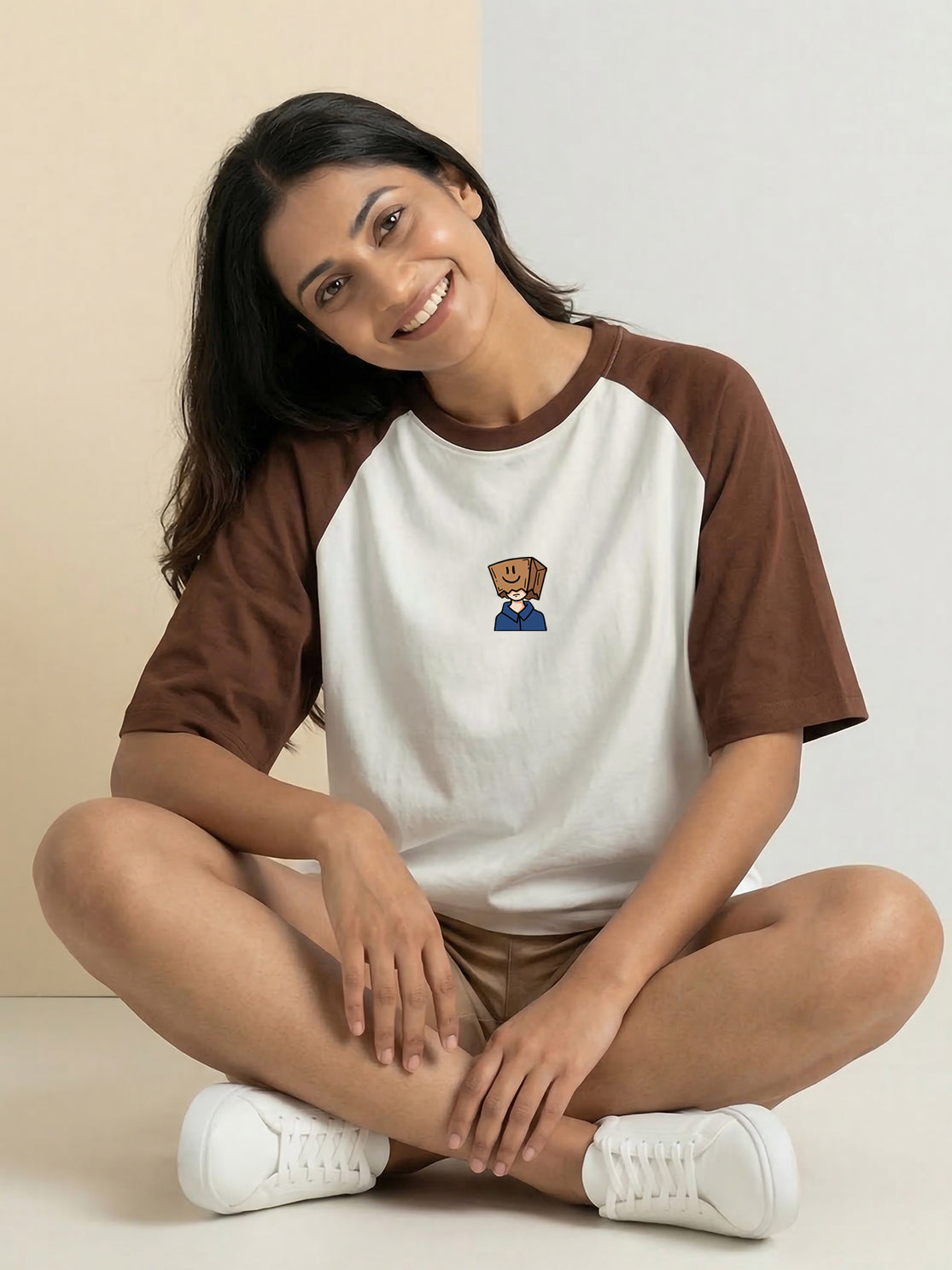 TOM MILTON Women Half White Color Raglan Half Sleeve Round Neck Oversized Tshirt