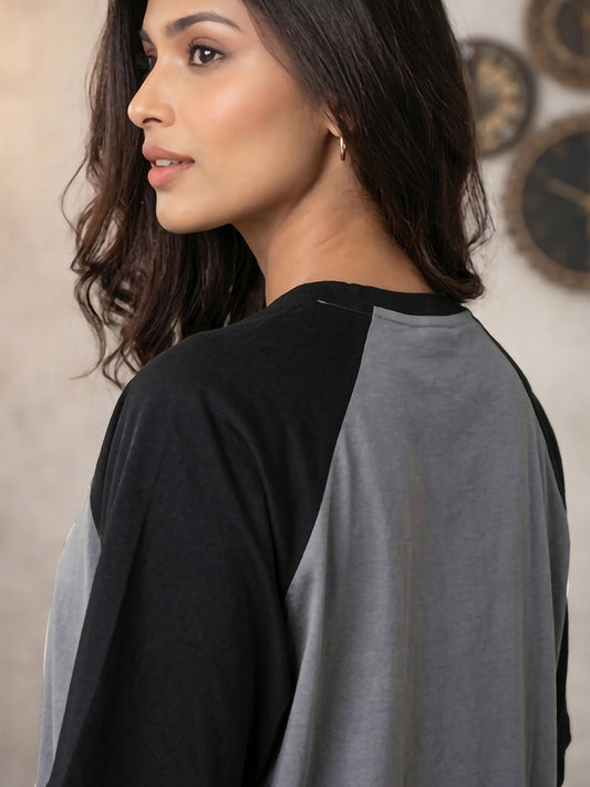 TOM MILTON Women Grey Color Raglan Half Sleeve Round Neck Oversized Tshirt