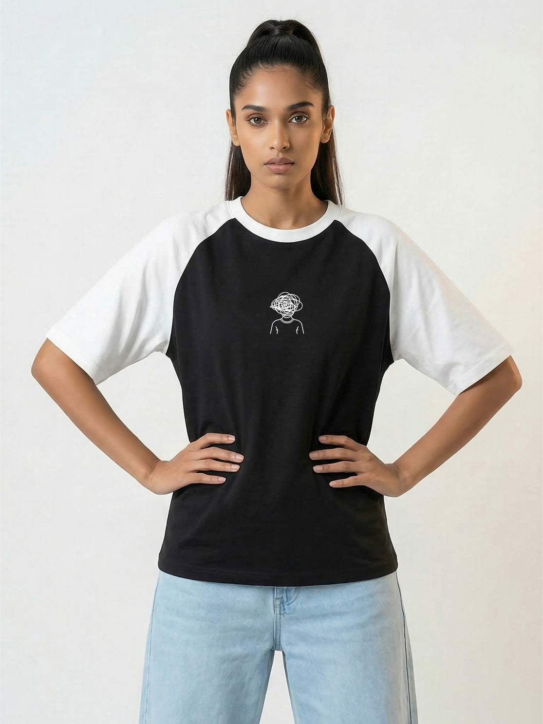 TOM MILTON Women Black Color Raglan Half Sleeve Round Neck Oversized Tshirt