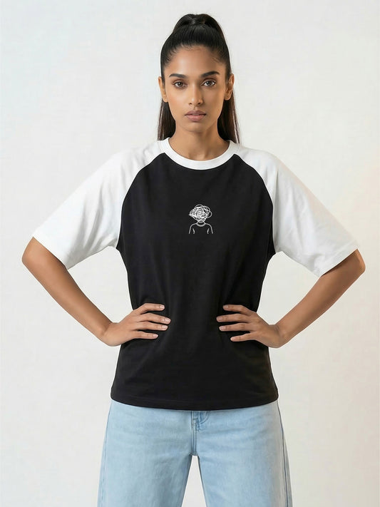 TOM MILTON Women Black Color Raglan Half Sleeve Round Neck Oversized Tshirt
