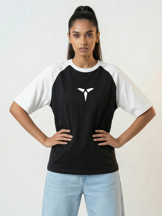 TOM MILTON Women Black Color Raglan Half Sleeve Round Neck Oversized Tshirt
