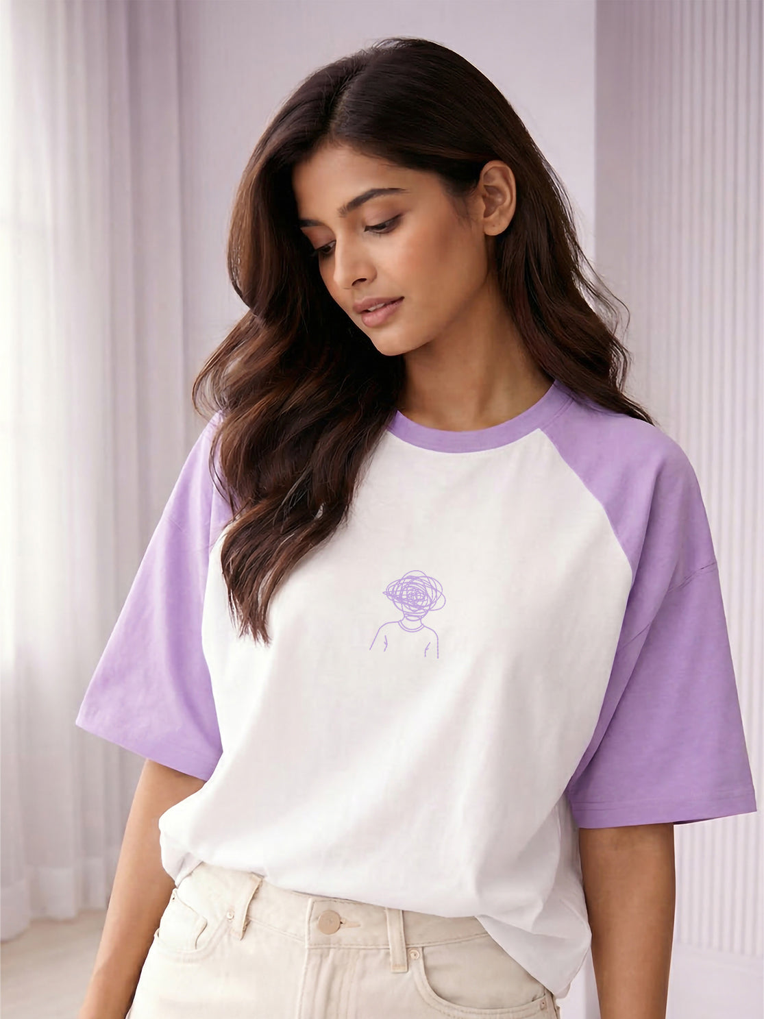 TOM MILTON Women White Color Raglan Half Sleeve Round Neck Oversized Tshirt