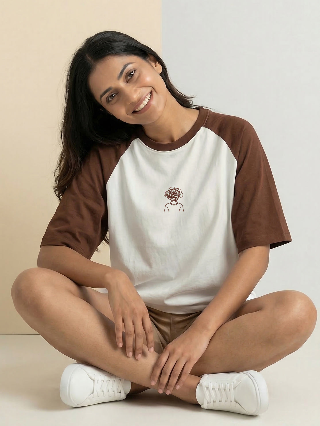 TOM MILTON Women Half White Color Raglan Half Sleeve Round Neck Oversized Tshirt