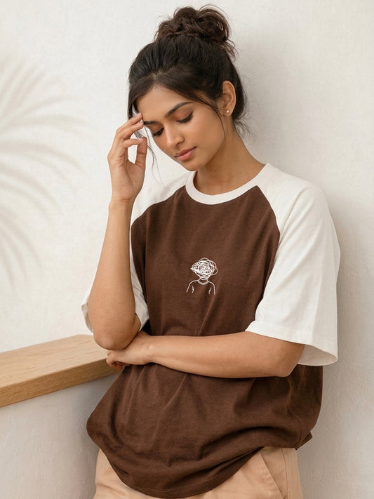 TOM MILTON Women Brown Color Raglan Half Sleeve Round Neck Oversized Tshirt