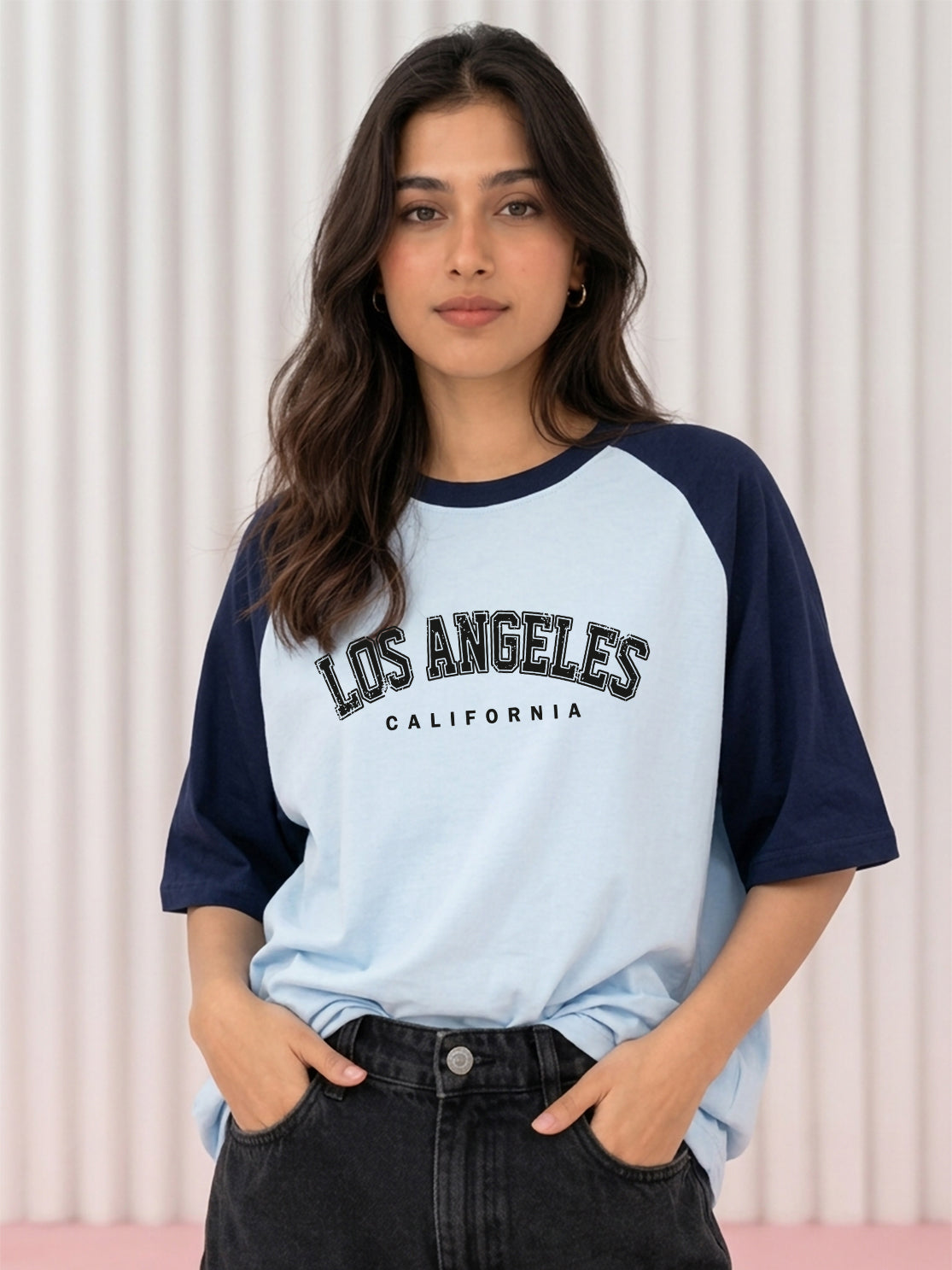 TOM MILTON Women Blue Color Raglan Half Sleeve Round Neck Oversized Tshirt