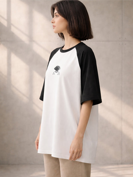 TOM MILTON Women White Color Raglan Half Sleeve Round Neck Oversized Tshirt