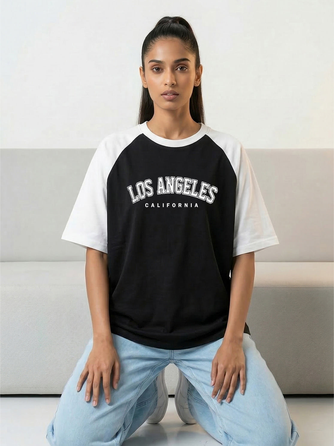 TOM MILTON Women Black Color Raglan Half Sleeve Round Neck Oversized Tshirt