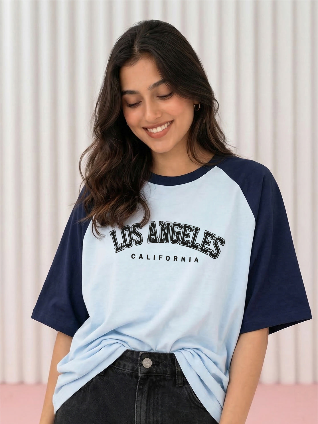 TOM MILTON Women Blue Color Raglan Half Sleeve Round Neck Oversized Tshirt