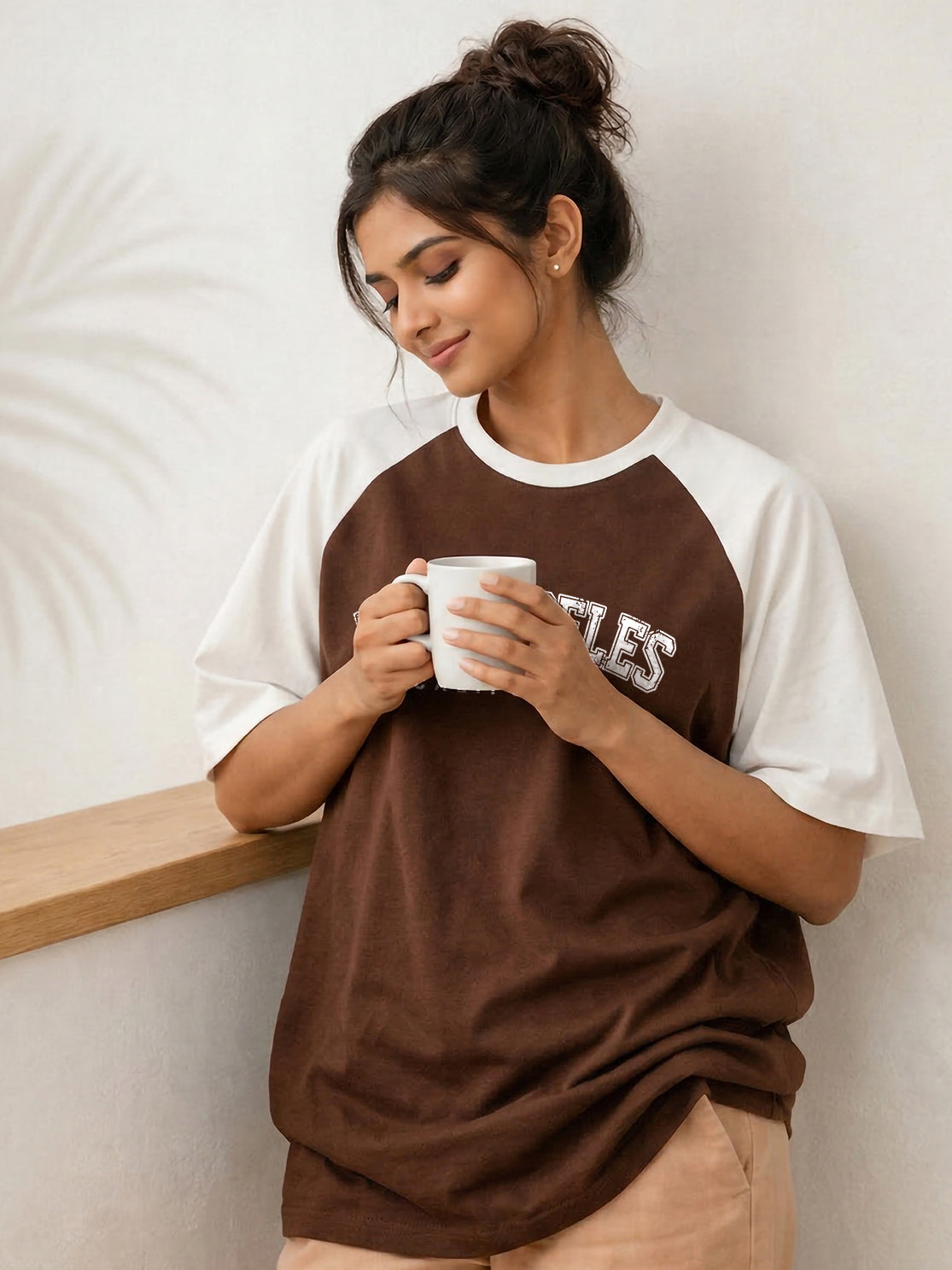 TOM MILTON Women Brown Color Raglan Half Sleeve Round Neck Oversized Tshirt