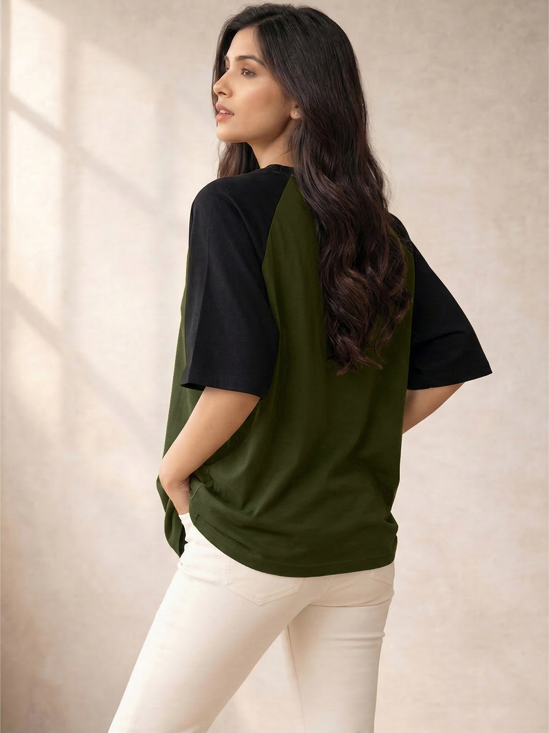 TOM MILTON Women Olive Green Color Raglan Half Sleeve Round Neck Oversized Tshirt