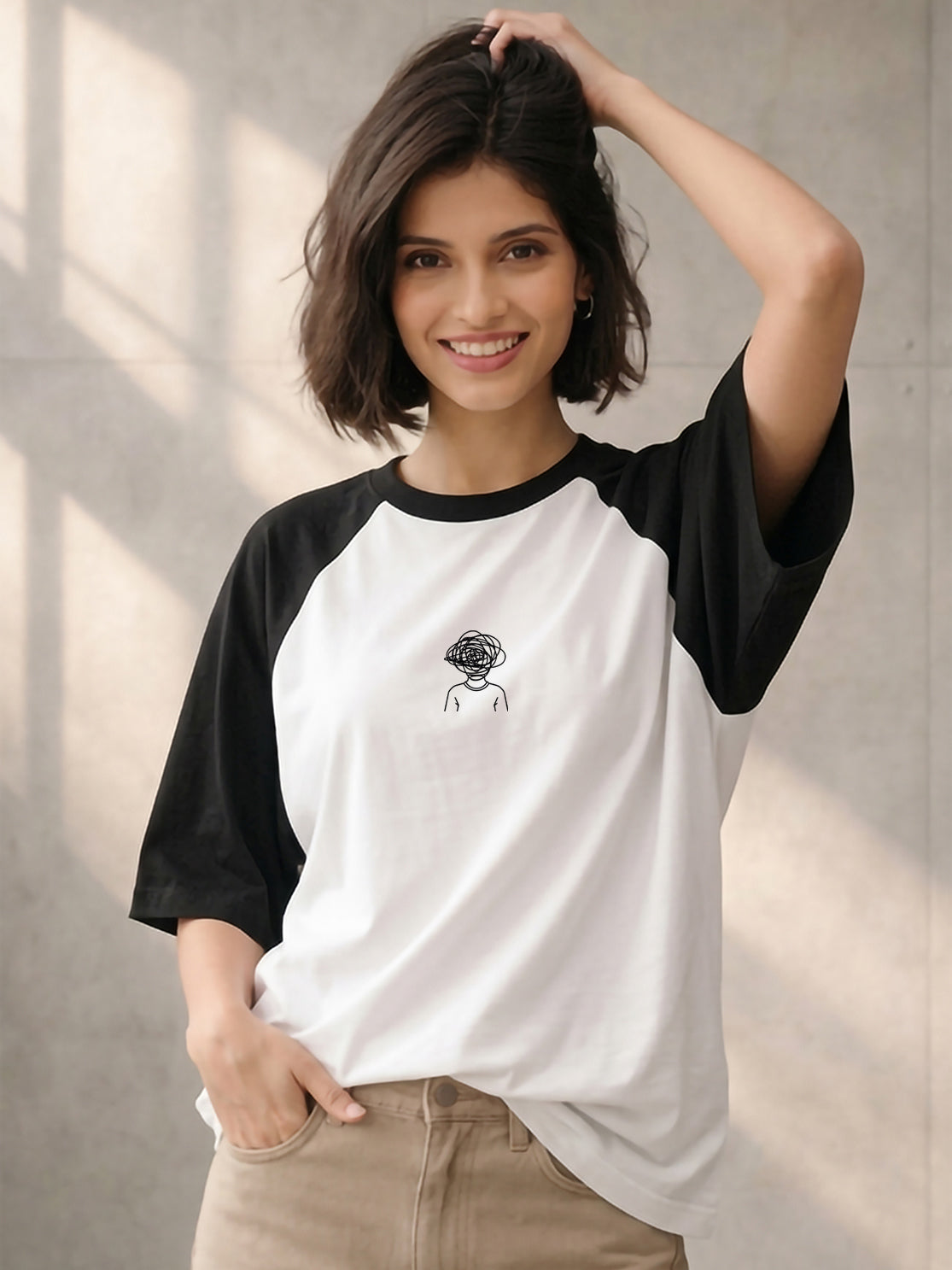 TOM MILTON Women White Color Raglan Half Sleeve Round Neck Oversized Tshirt