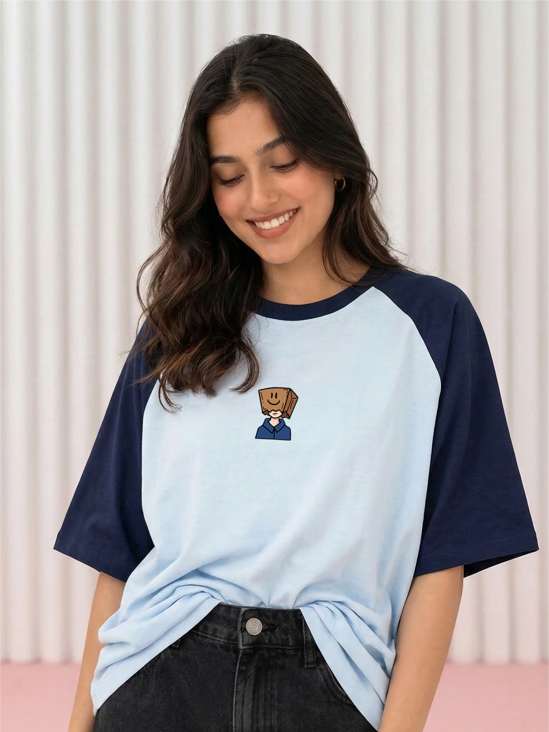 TOM MILTON Women Blue Color Raglan Half Sleeve Round Neck Oversized Tshirt