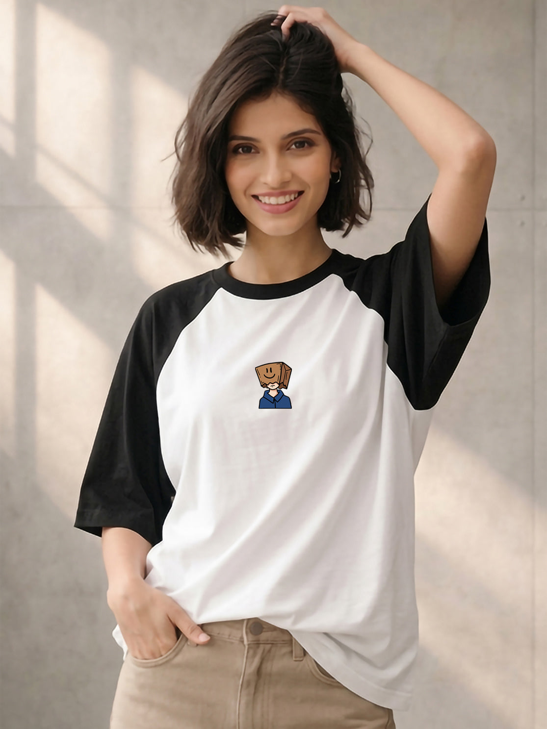 TOM MILTON Women White Color Raglan Half Sleeve Round Neck Oversized Tshirt