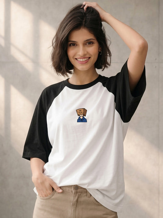 TOM MILTON Women White Color Raglan Half Sleeve Round Neck Oversized Tshirt