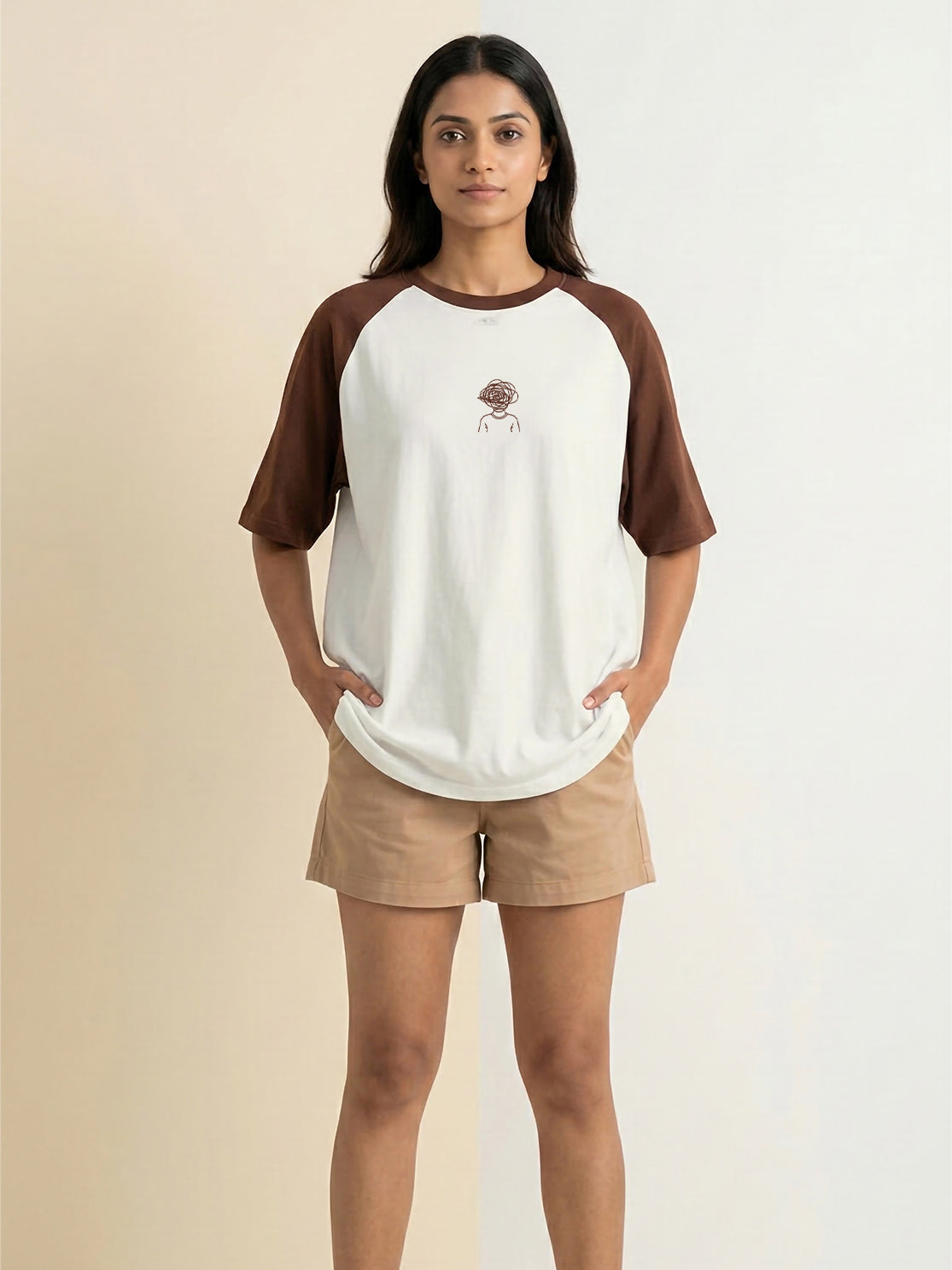 TOM MILTON Women Half White Color Raglan Half Sleeve Round Neck Oversized Tshirt