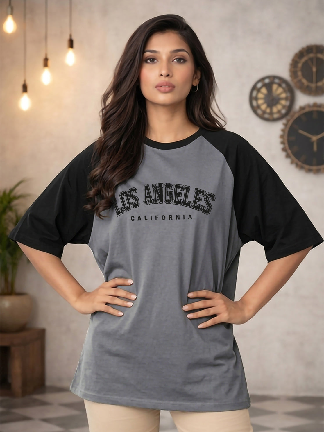 TOM MILTON Women Grey Color Raglan Half Sleeve Round Neck Oversized Tshirt