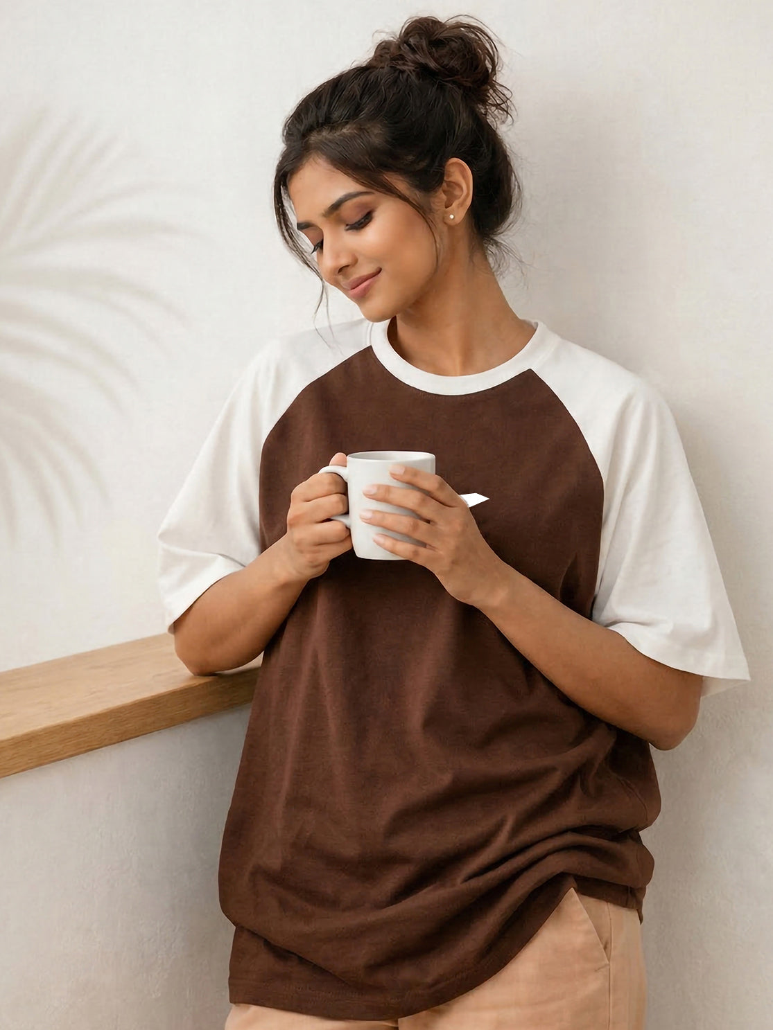 TOM MILTON Women Brown Color Raglan Half Sleeve Round Neck Oversized Tshirt