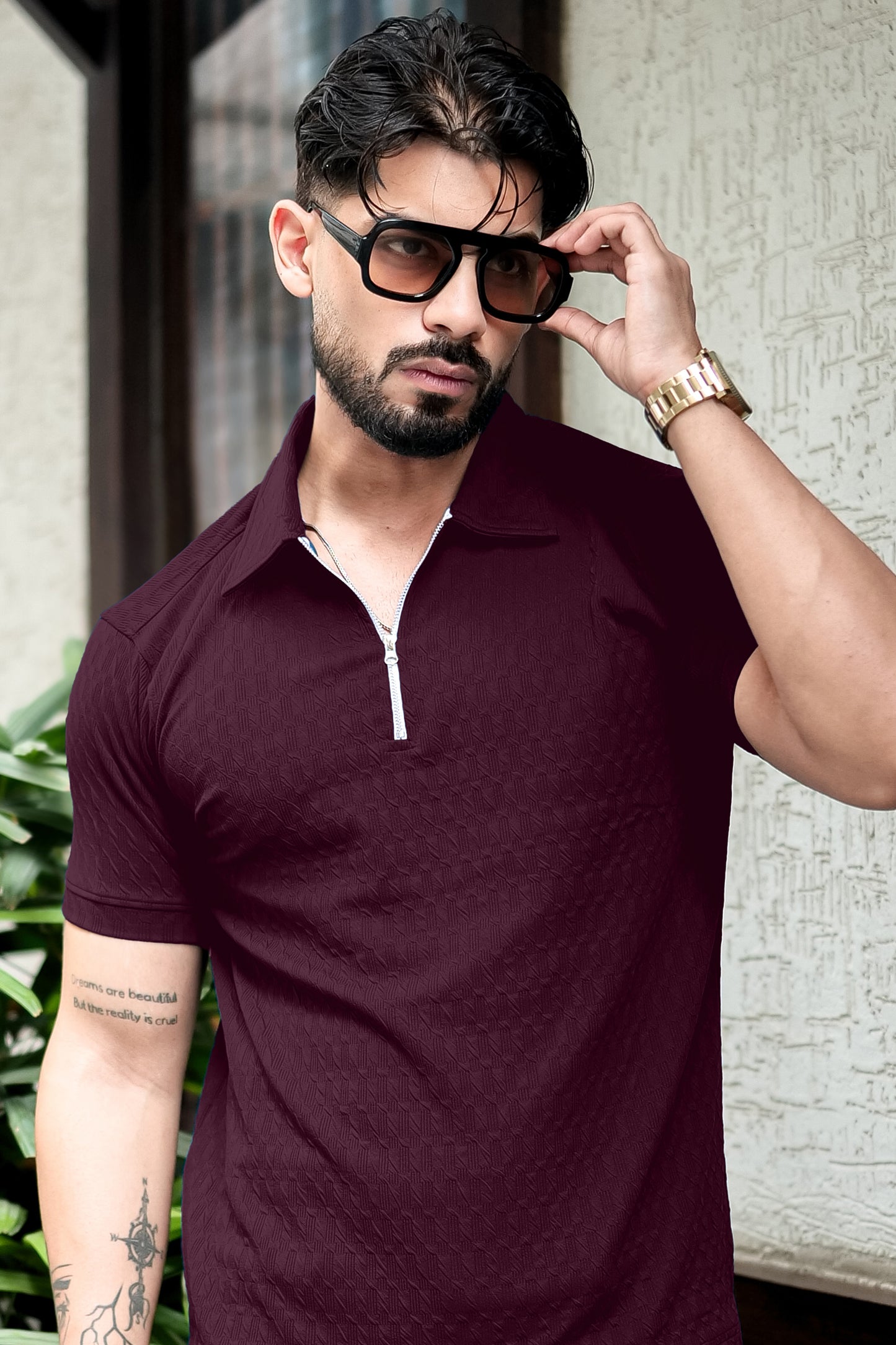 TOM MILTON Maroon Color textured Polo Collar Polyester  T-shirt