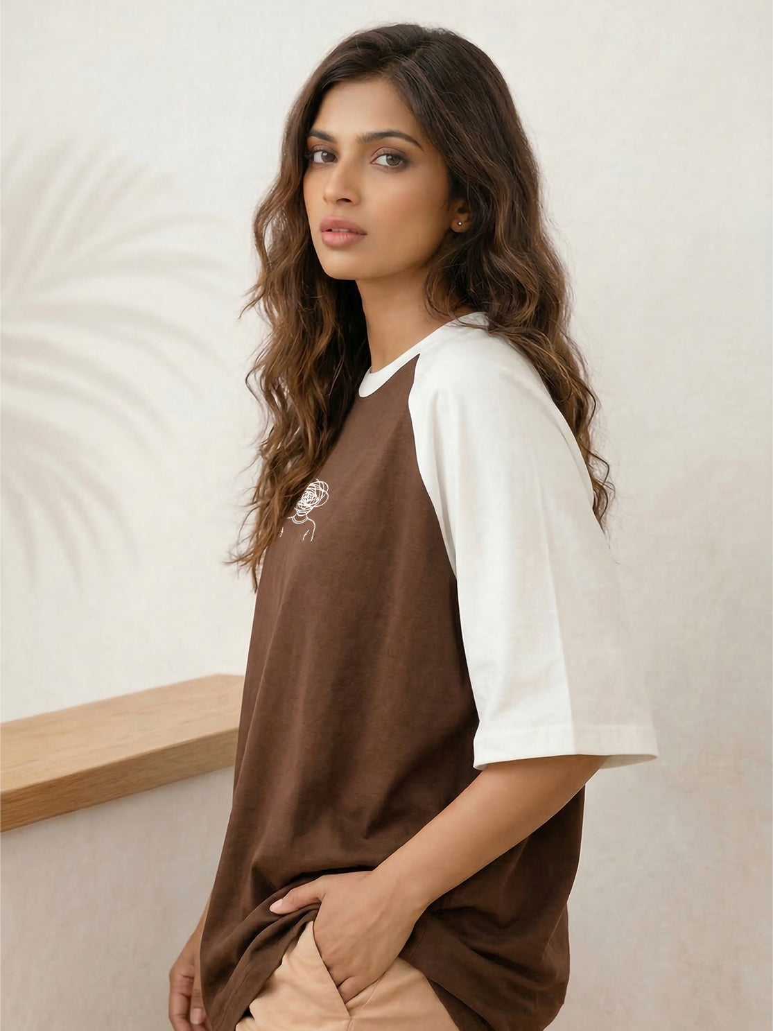 TOM MILTON Women Brown Color Raglan Half Sleeve Round Neck Oversized Tshirt