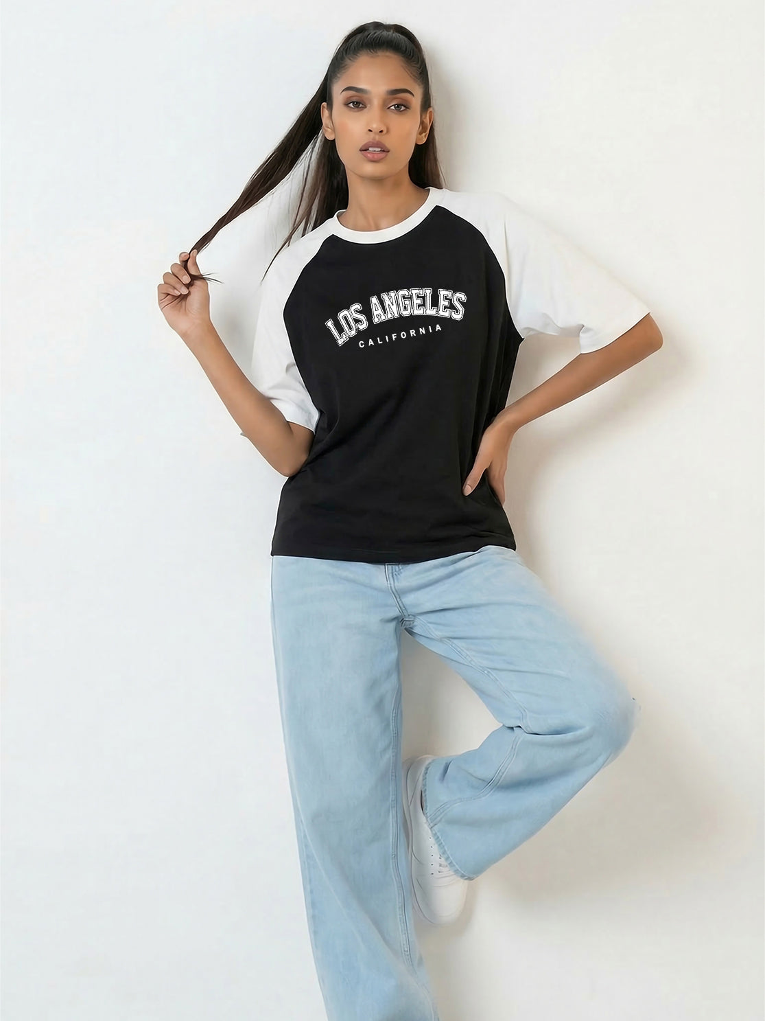 TOM MILTON Women Black Color Raglan Half Sleeve Round Neck Oversized Tshirt