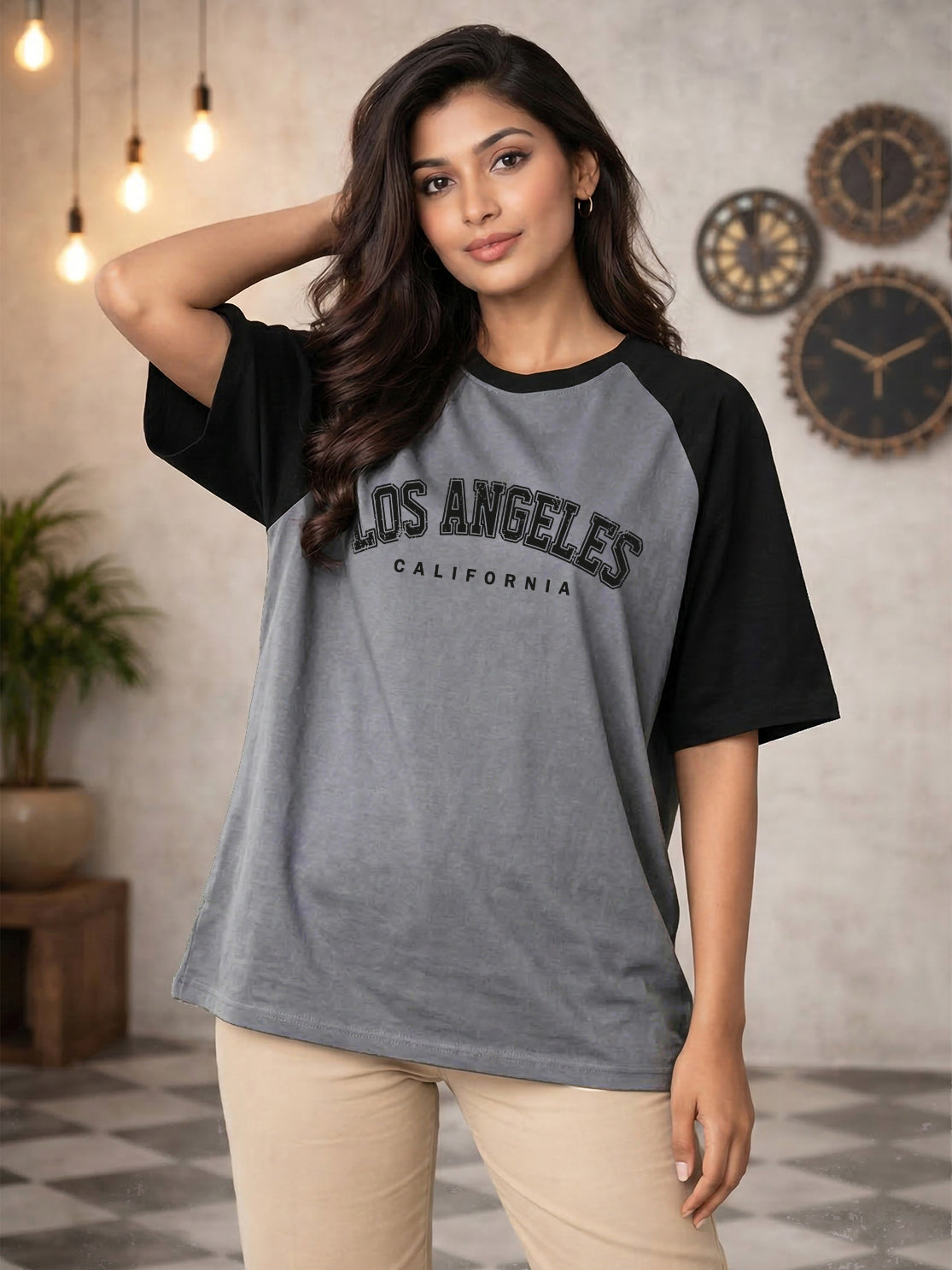 TOM MILTON Women Grey Color Raglan Half Sleeve Round Neck Oversized Tshirt