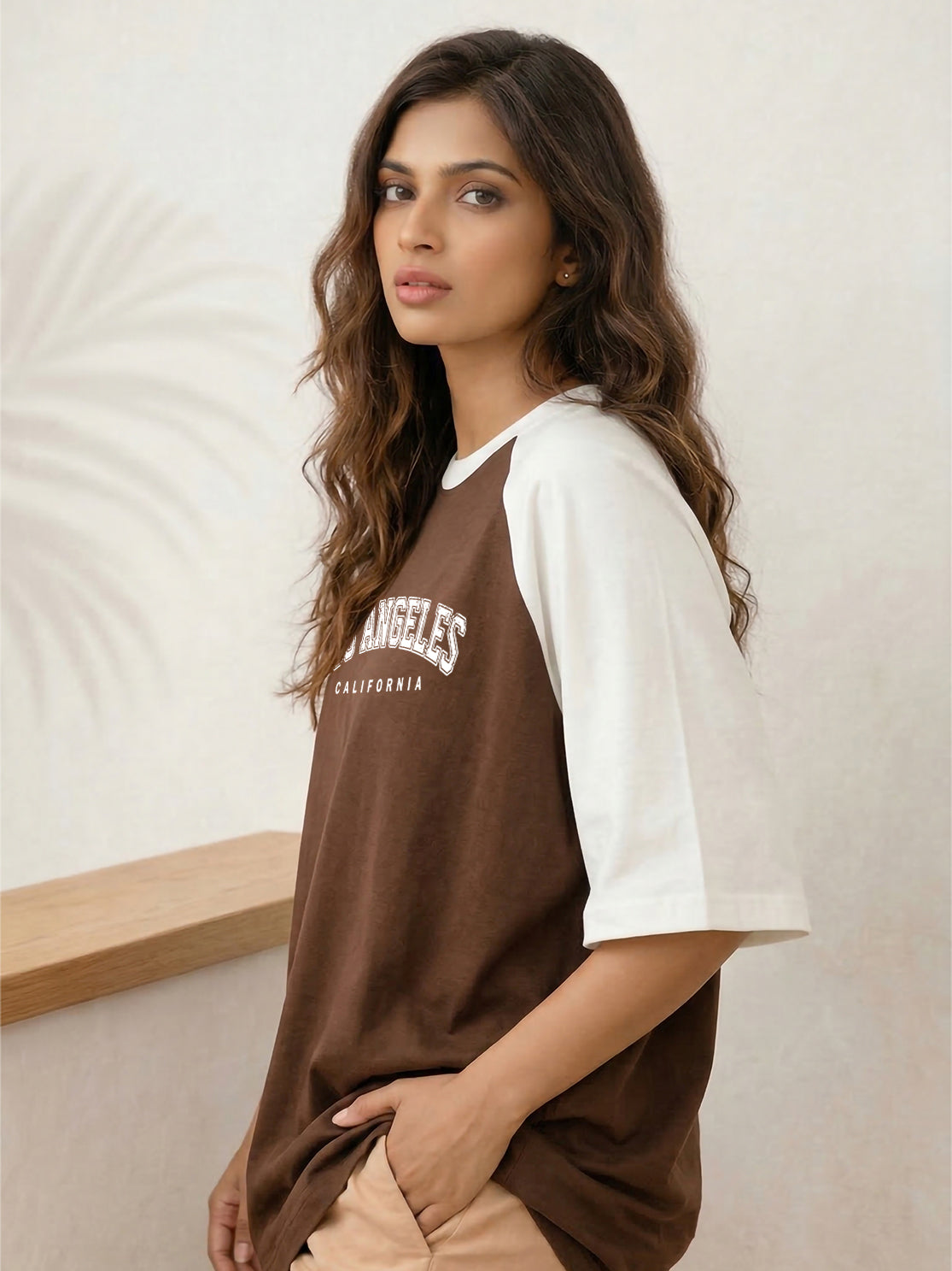 TOM MILTON Women Brown Color Raglan Half Sleeve Round Neck Oversized Tshirt