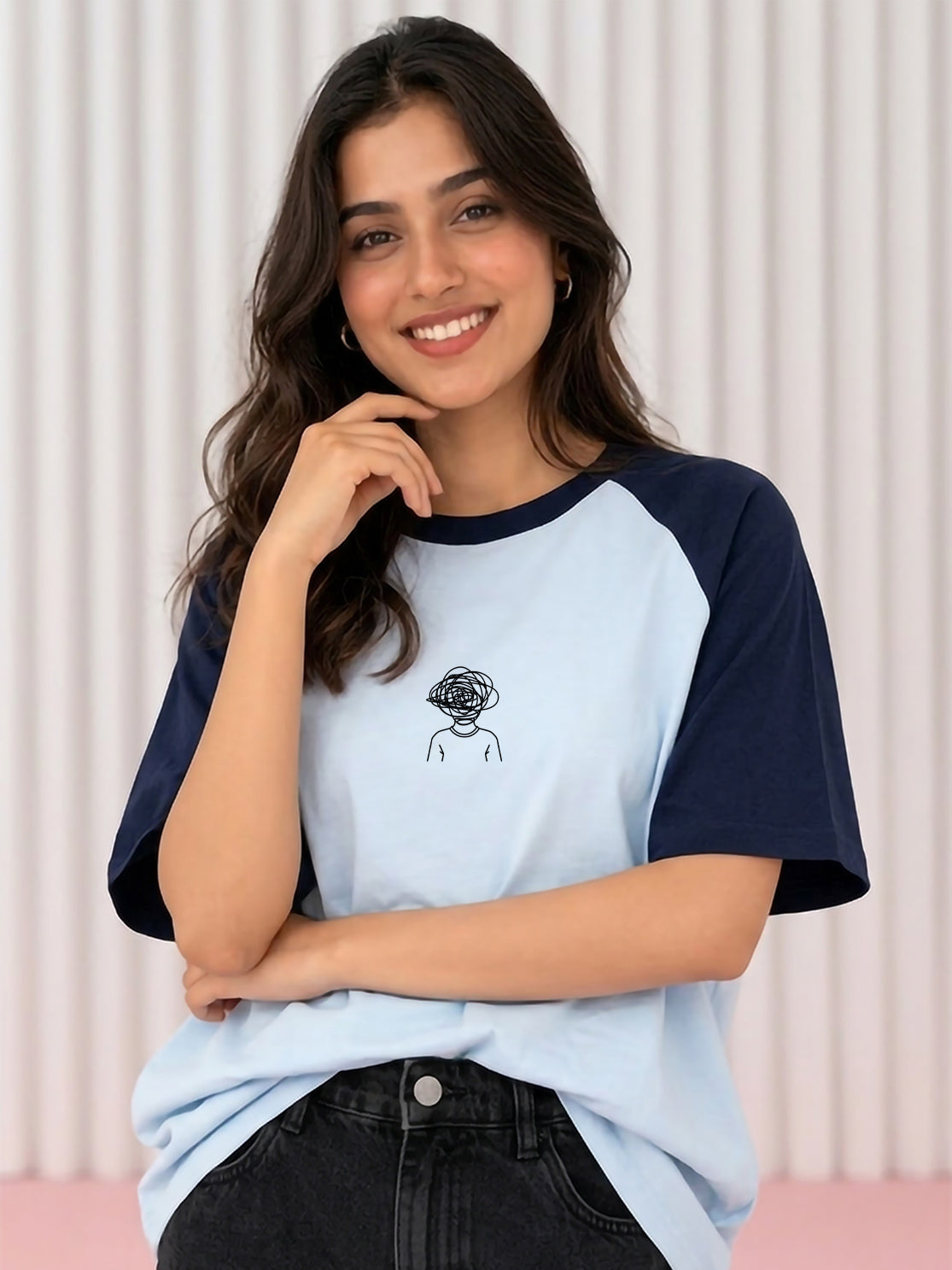 TOM MILTON Women Blue Color Raglan Half Sleeve Round Neck Oversized Tshirt
