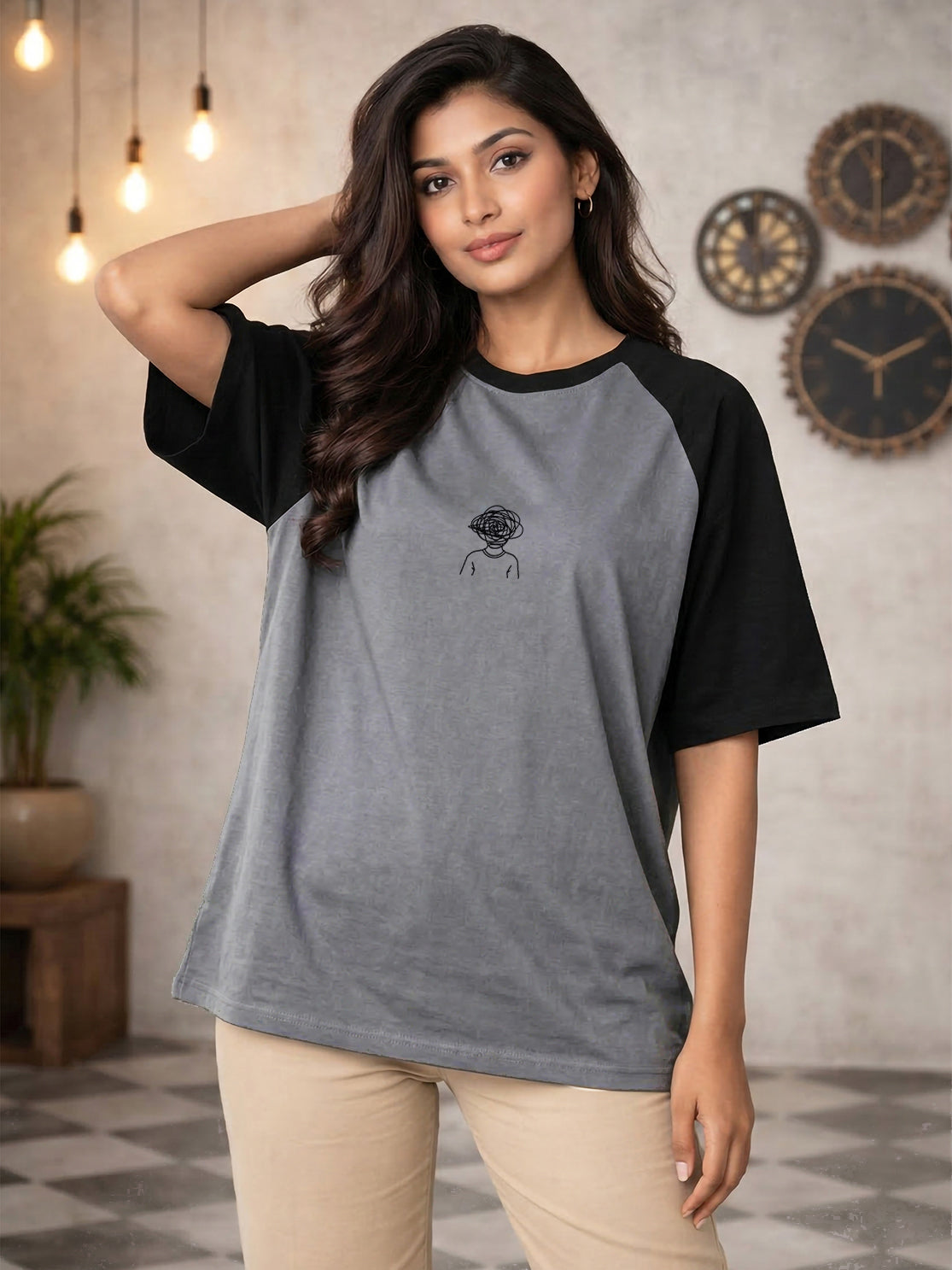 TOM MILTON Women Grey Color Raglan Half Sleeve Round Neck Oversized Tshirt